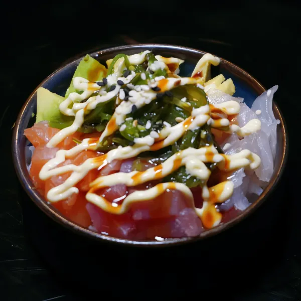 Poke de Salmón,Atún, lubina,mango, aguacate, wakame, salsa mayonesa, teriyaki, cebolla