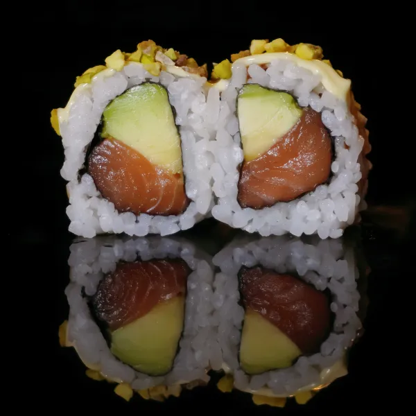 Salmón, aguacate, mayonesa, teriyaki, pistacho (4u)